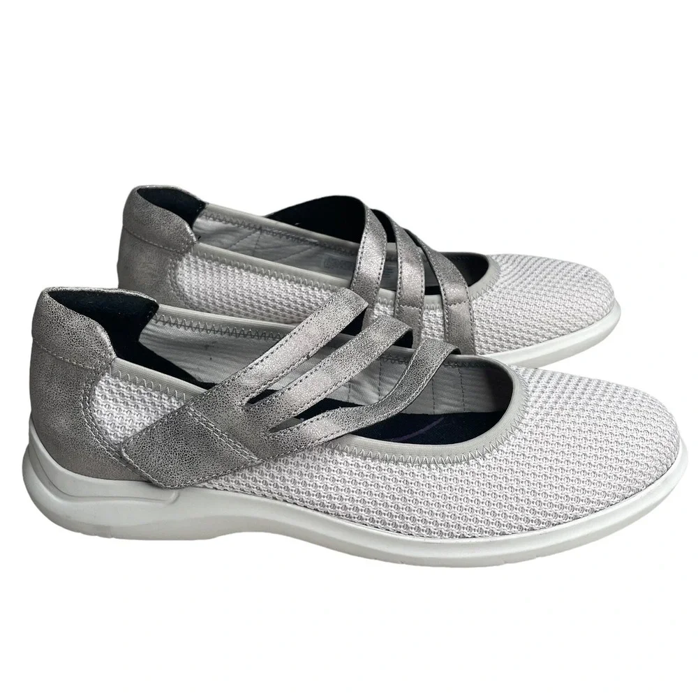 Aravon Womens 8B White Silver Knit Mary Jane Comfort Walking Shoes Hook Loop